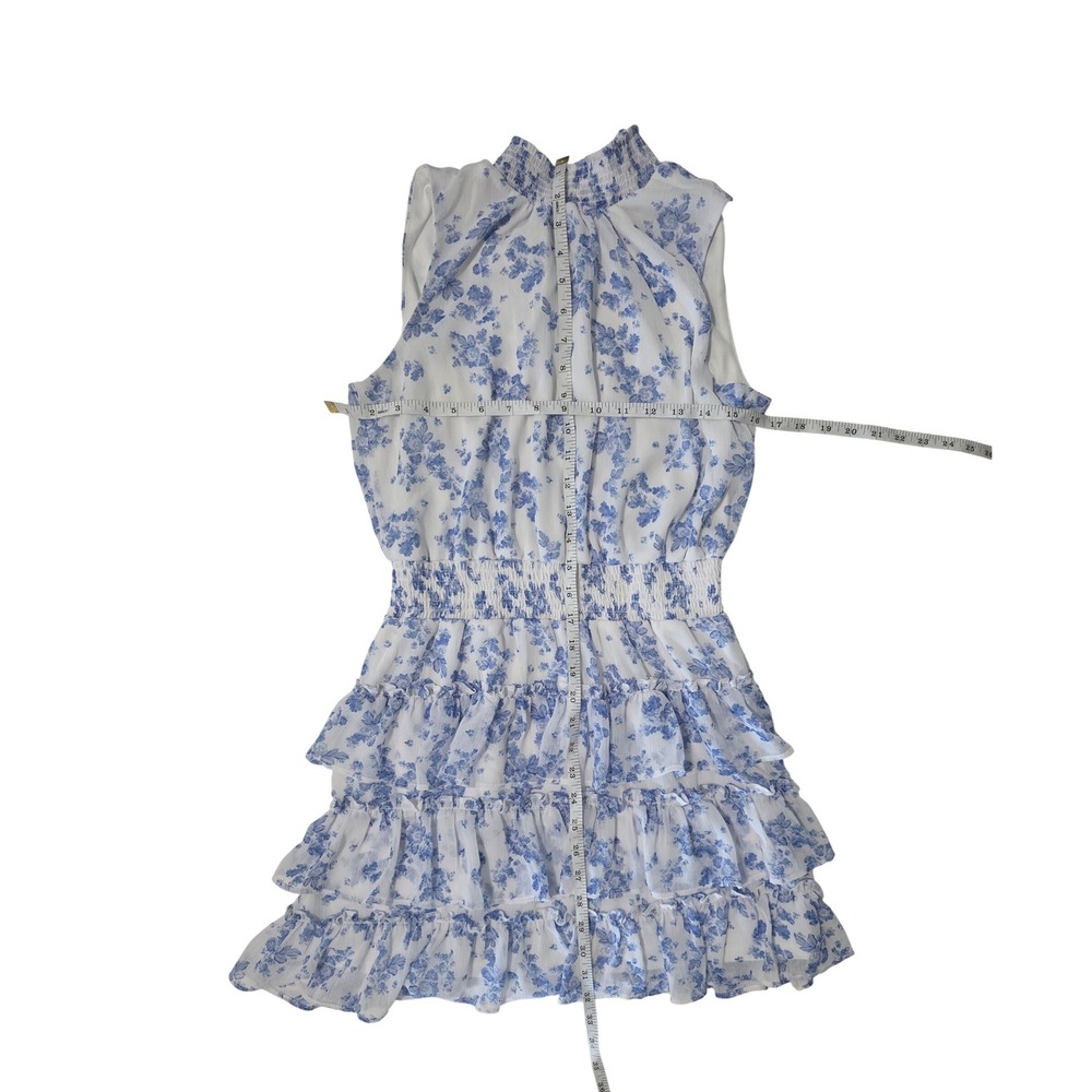 1.STATE Blue White Floral Smocked High Neck Tiered Ruffle Mini Dress Small - Picture 5 of 6